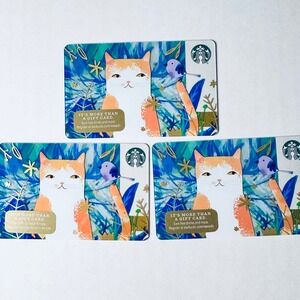 RARE‎ Starbucks Gifts Card Orange Calico Cat Blue Bird Collectible 2016 Lot of 3